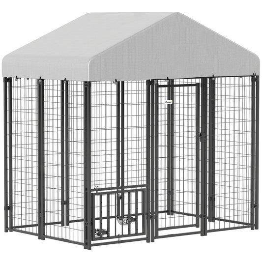 PawHut 5.9' x 4' x 6' Outdoor Dog Kennel, Welded Wire Heavy Duty Dog Run with 360° Rotating & 4 Level Adjustable Bowls, Dog Kennel Outside with Waterproof & UV Resistant Cover, for S&M Dogs