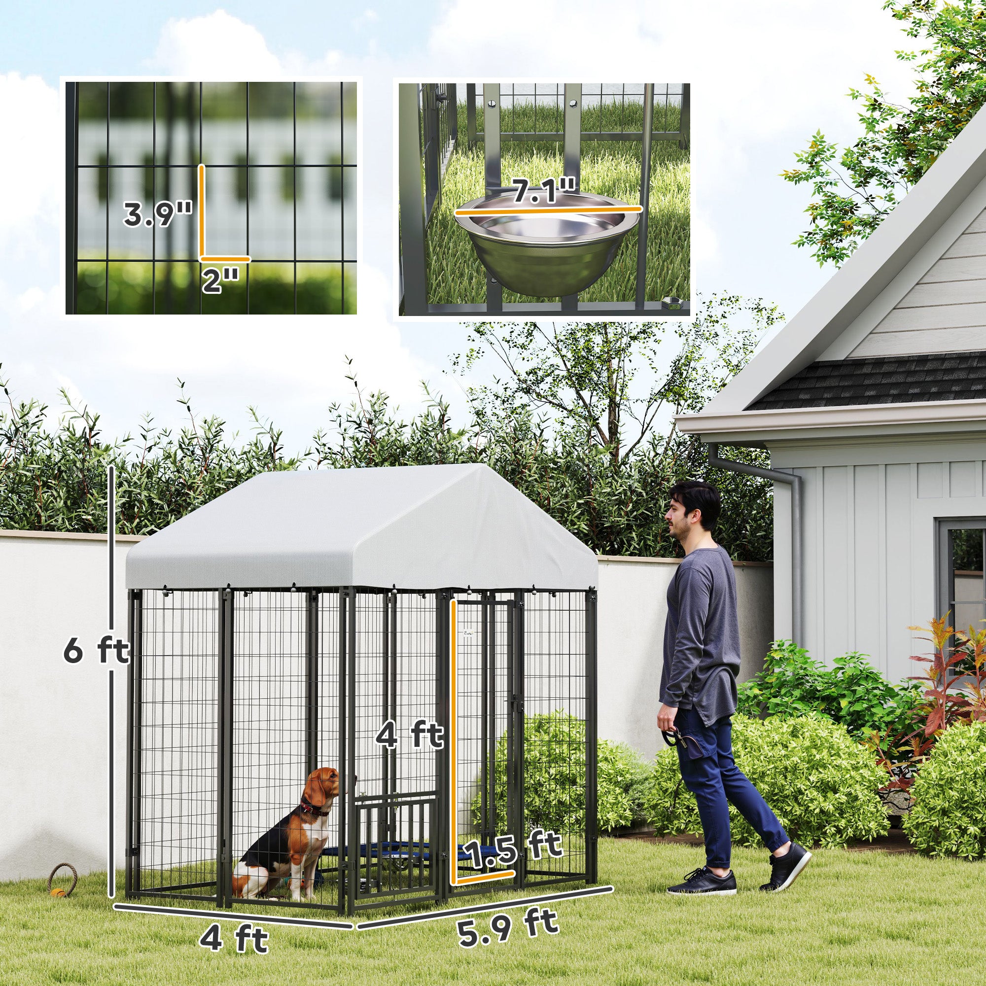 PawHut 5.9' x 4' x 6' Outdoor Dog Kennel, Welded Wire Heavy Duty Dog Run with 360° Rotating & 4 Level Adjustable Bowls, Dog Kennel Outside with Waterproof & UV Resistant Cover, for S&M Dogs
