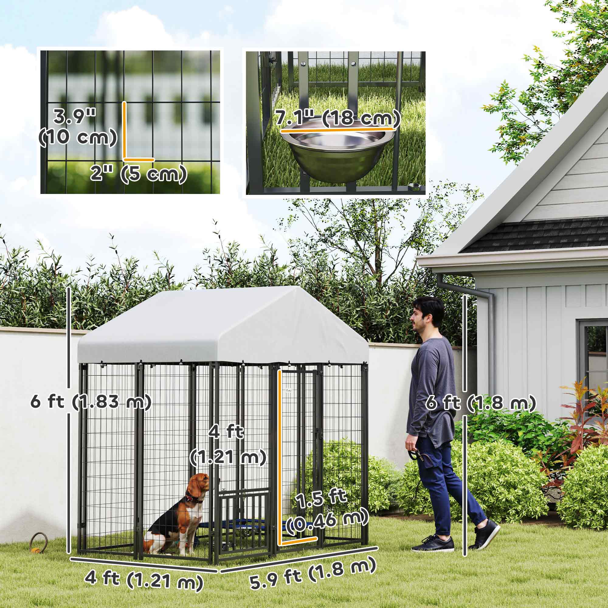 6' x 4' x 6' Outdoor Dog Kennel, Lockable Dog Run Crate with Rotating & Adjustable Bowls, Waterproof UV-Resistant Cover, Welded Wire Steel Fence for Medium Dogs, Silver