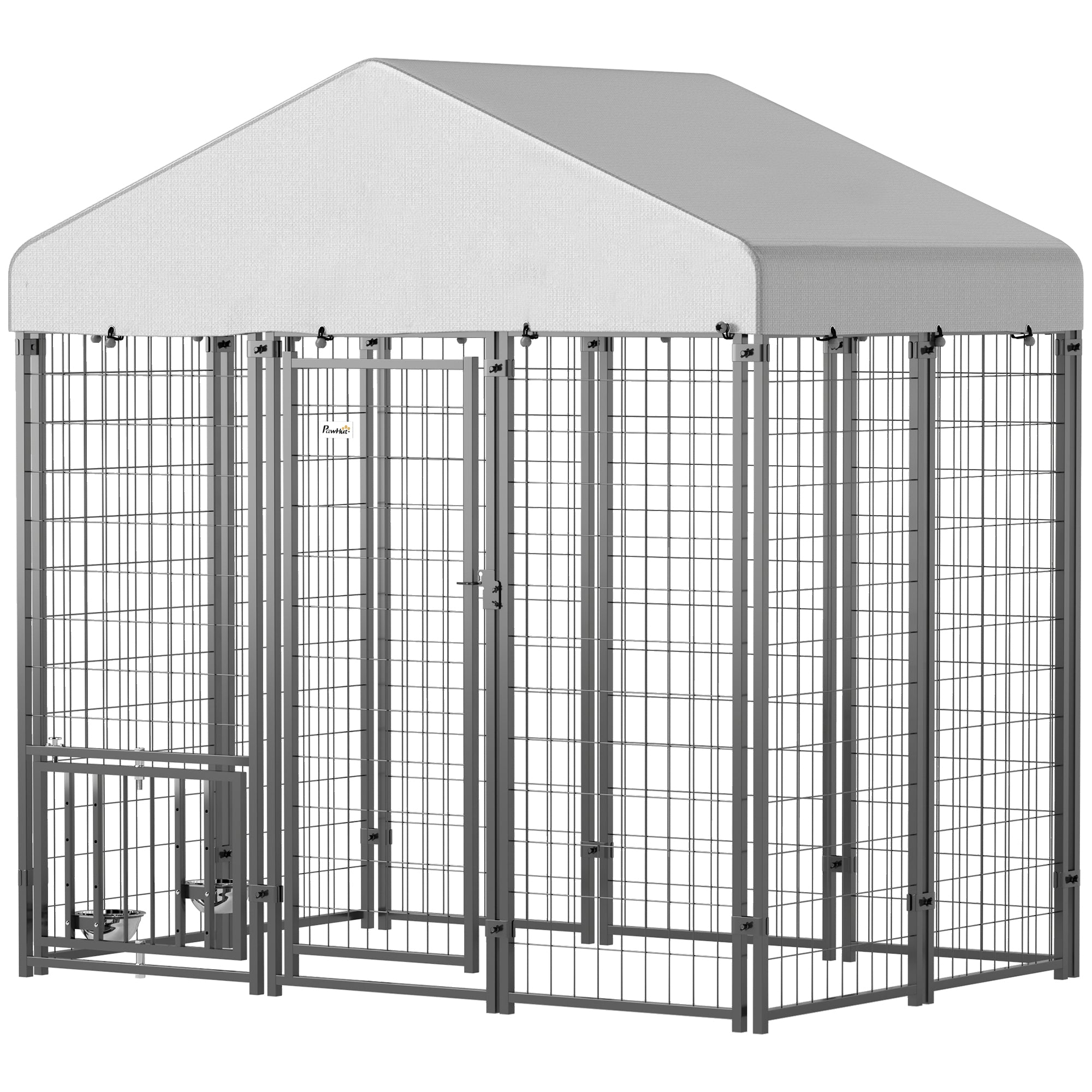 PawHut 5.9' x 4' x 6' Outdoor Dog Kennel, Welded Wire Heavy Duty Dog Run with 360° Rotating & 4 Level Adjustable Bowls, Dog Kennel Outside with Waterproof & UV Resistant Cover, for S&M Dogs
