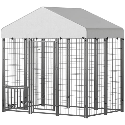 PawHut 5.9' x 4' x 6' Outdoor Dog Kennel, Welded Wire Heavy Duty Dog Run with 360° Rotating & 4 Level Adjustable Bowls, Dog Kennel Outside with Waterproof & UV Resistant Cover, for S&M Dogs