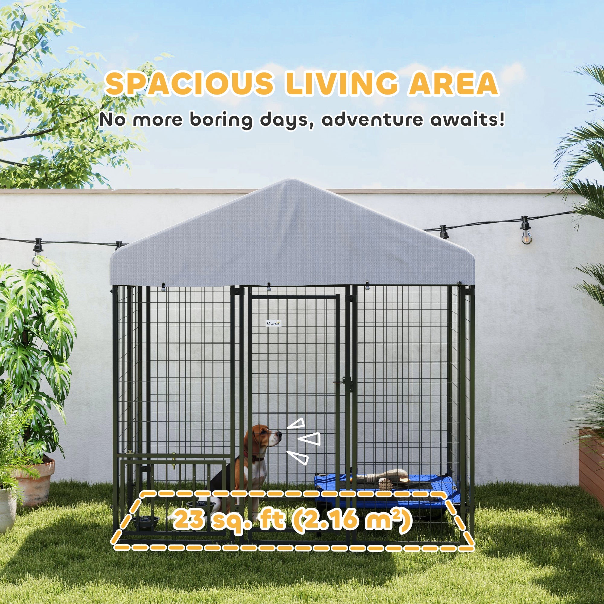 6' x 4' x 6' Outdoor Dog Kennel, Lockable Dog Run Crate with Rotating & Adjustable Bowls, Waterproof UV-Resistant Cover, Welded Wire Steel Fence for Medium Dogs, Silver