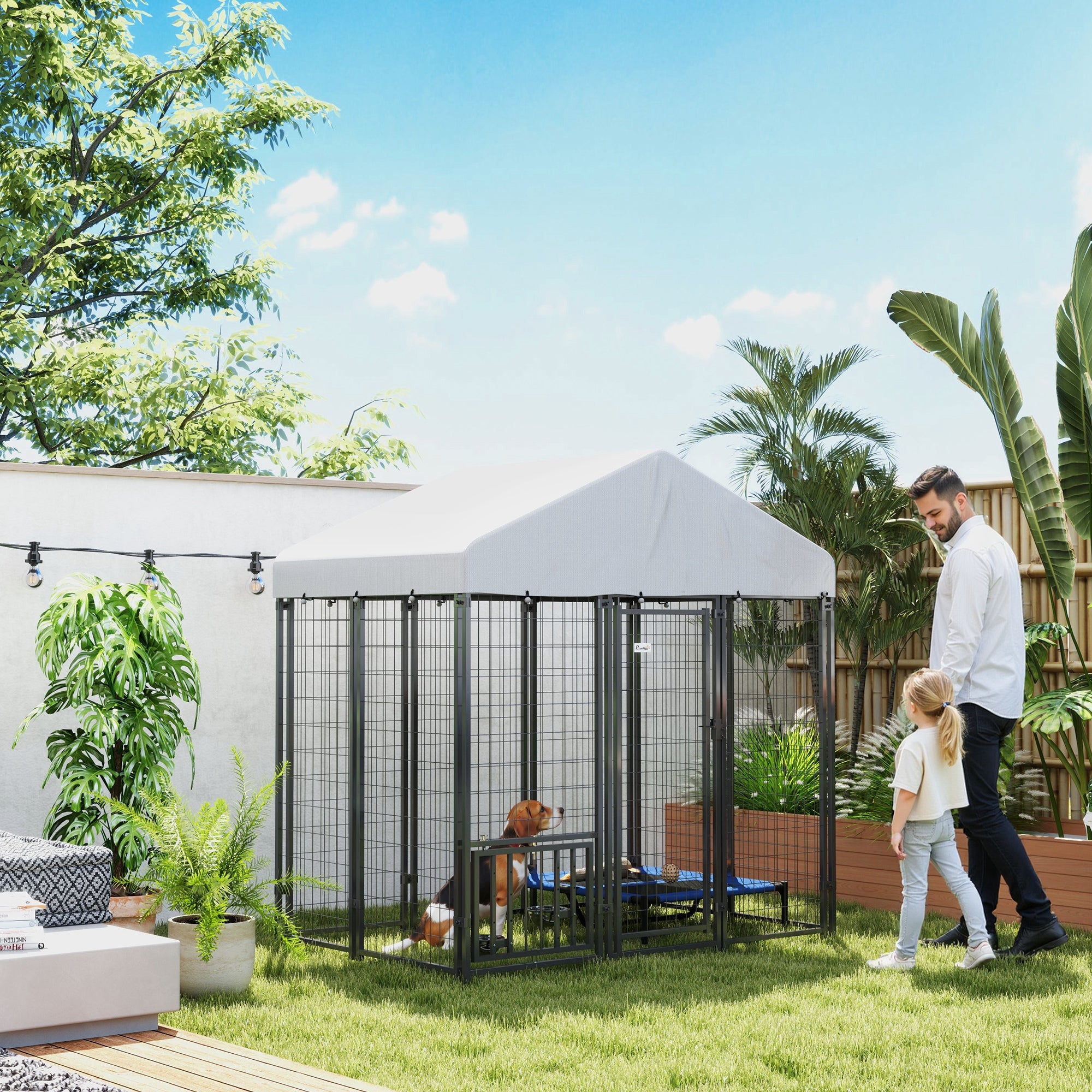 6' x 4' x 6' Outdoor Dog Kennel, Lockable Dog Run Crate with Rotating & Adjustable Bowls, Waterproof UV-Resistant Cover, Welded Wire Steel Fence for Medium Dogs, Silver