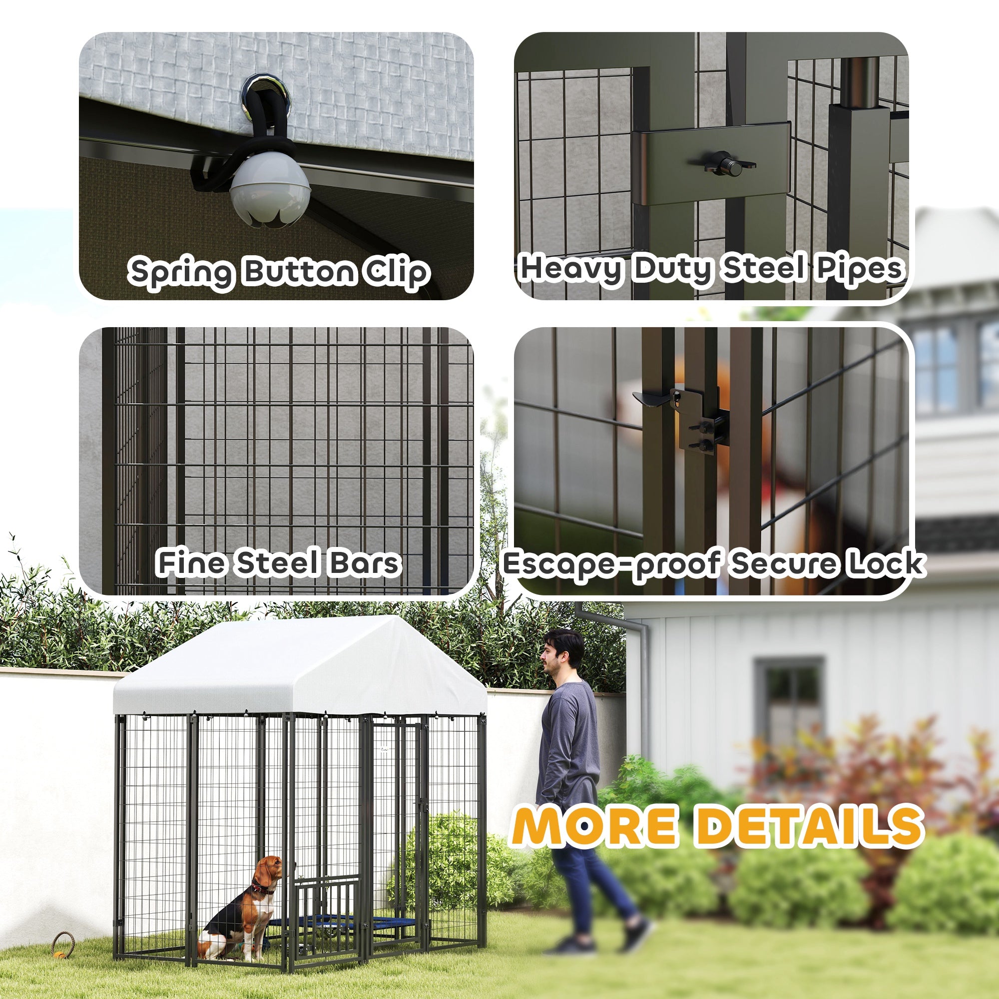 6' x 4' x 6' Outdoor Dog Kennel, Lockable Dog Run Crate with Rotating & Adjustable Bowls, Waterproof UV-Resistant Cover, Welded Wire Steel Fence for Medium Dogs, Silver