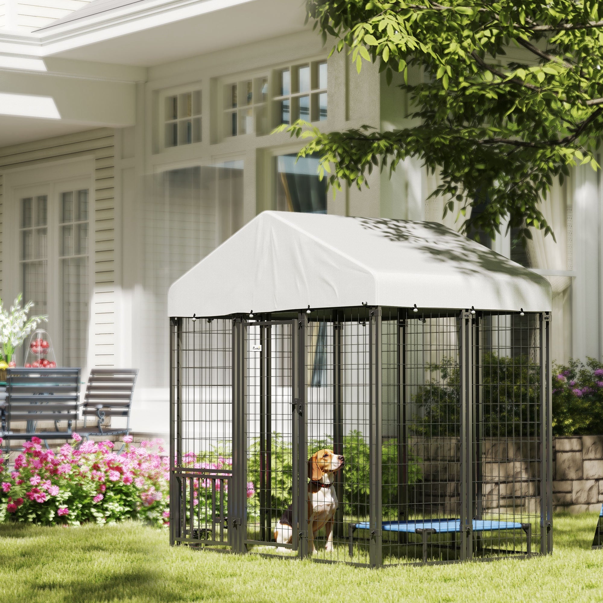 6' x 4' x 6' Outdoor Dog Kennel, Lockable Dog Run Crate with Rotating & Adjustable Bowls, Waterproof UV-Resistant Cover, Welded Wire Steel Fence for Medium Dogs, Silver