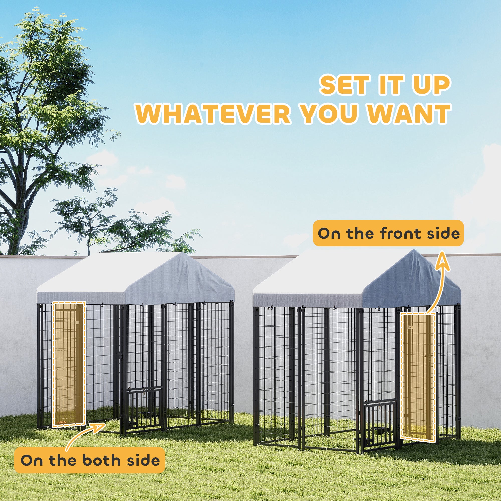 6' x 4' x 6' Outdoor Dog Kennel, Lockable Dog Run Crate with Rotating & Adjustable Bowls, Waterproof UV-Resistant Cover, Welded Wire Steel Fence for Medium Dogs, Silver