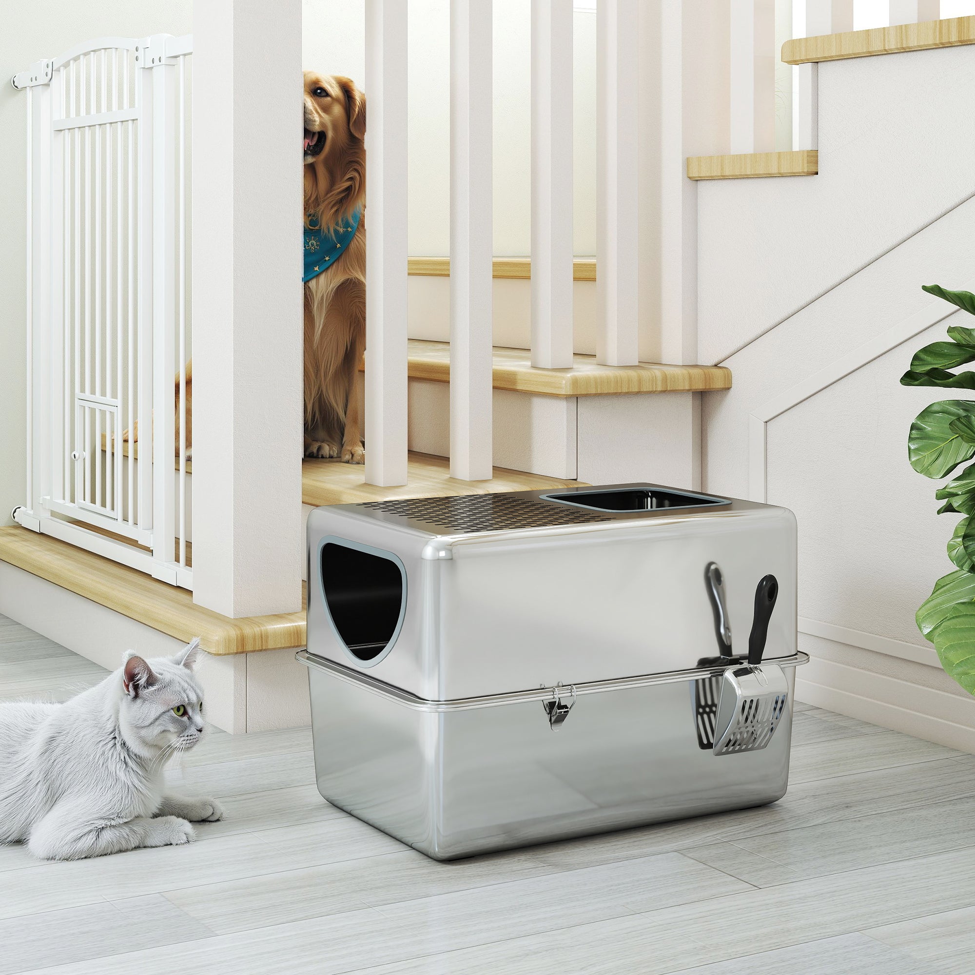 Stainless Steel Cat Litter Box with Lid, Extra Large Enclosed Litter Box with Top Litter-Catching Holes, Scoop, Dual Entry, Easy Clean, Silver