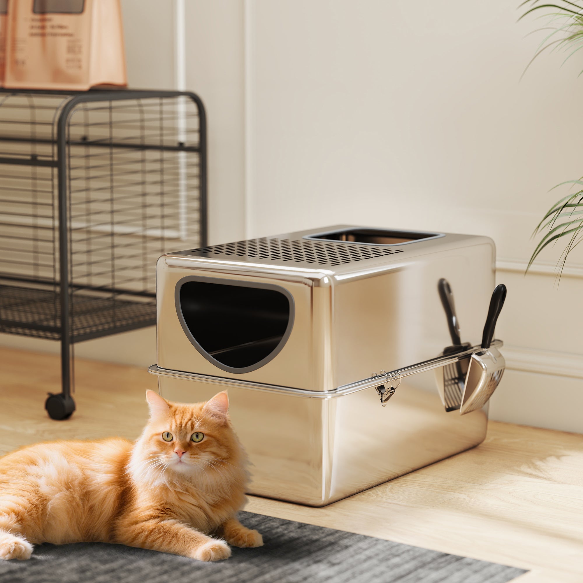 Stainless Steel Cat Litter Box with Lid, Extra Large Enclosed Litter Box with Top Litter-Catching Holes, Scoop, Dual Entry, Easy Clean, Silver