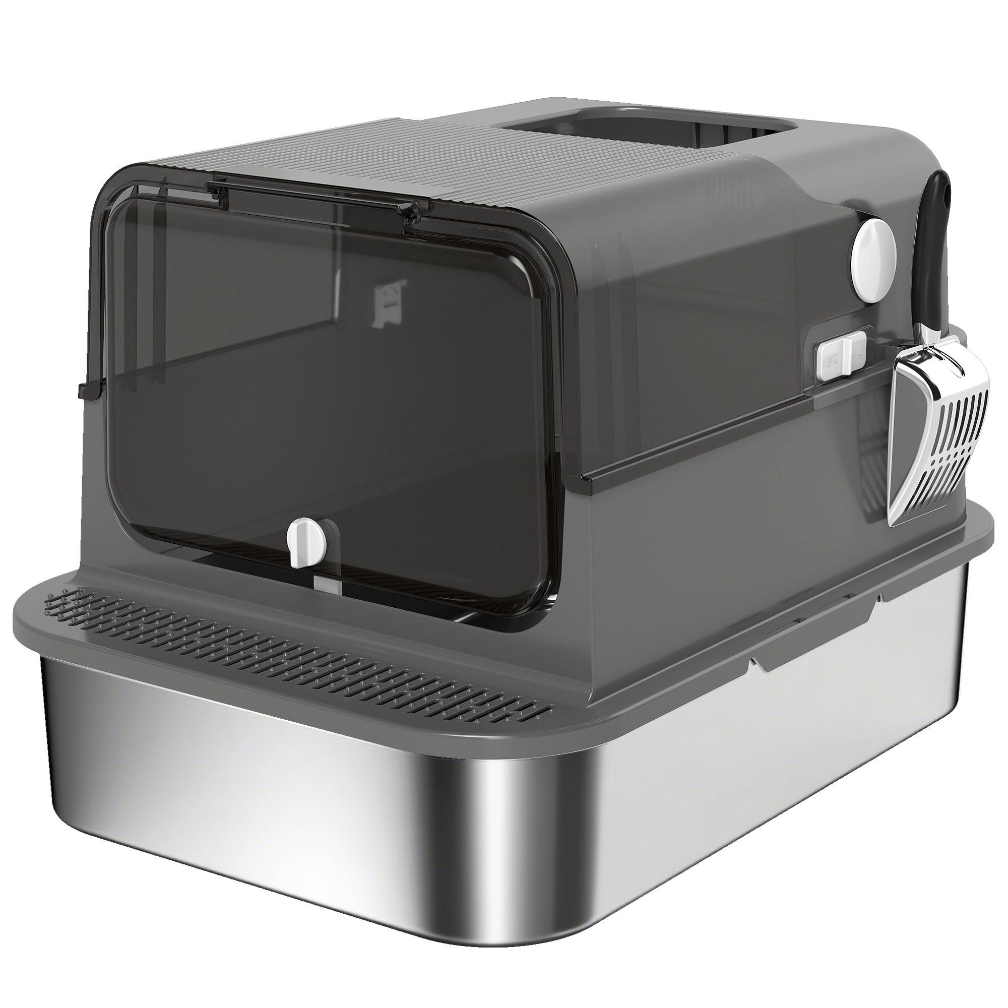 Stainless Steel Cat Litter Box with Lid, XXL Enclosed Cat Litter Box for Big Cats with High Sides, Double Doors, Scoop, Odor Control, Anti-Leaking, Easy Clean, Black