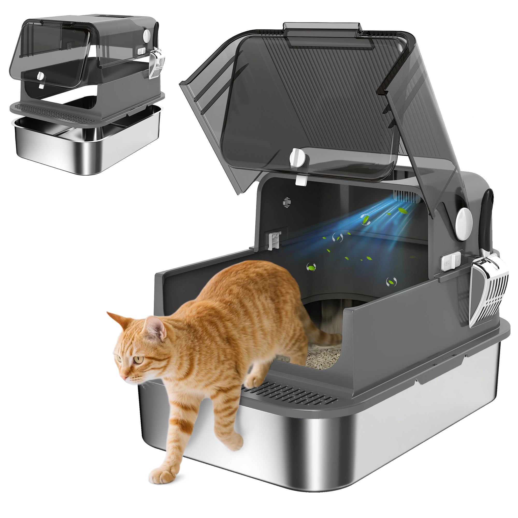 Stainless Steel Cat Litter Box with Lid, XXL Enclosed Cat Litter Box for Big Cats with High Sides, Double Doors, Scoop, Odor Control, Anti-Leaking, Easy Clean, Black