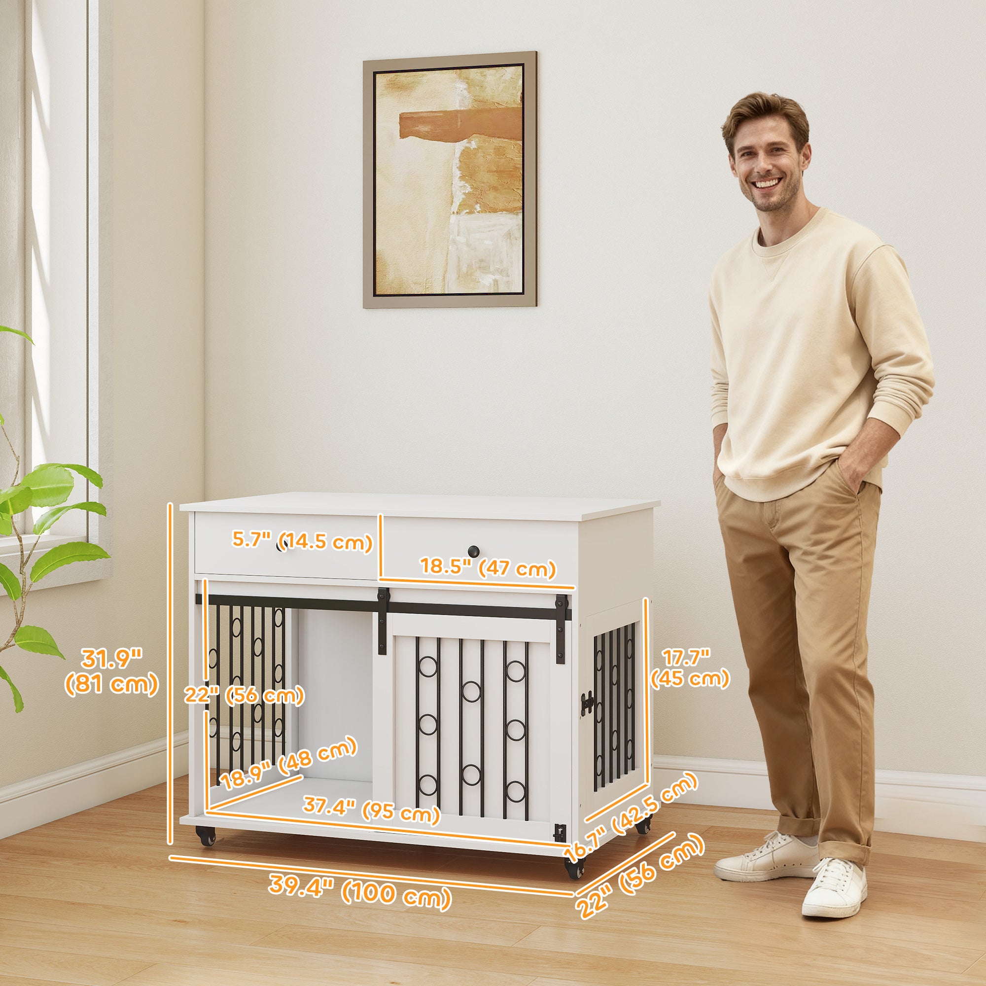 Dog Crate Furniture, 39" Dog Kennel Indoor with 2 Storage Drawers, Wheels, Sliding Door, Decorative End Side Table Pet House Cage for Medium and Large Breeds, White