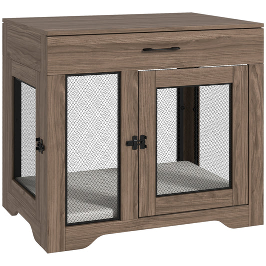 PawHut Dog Crate Furniture with Soft Water-Resistant Cushion, Dog Kennel End Table with Drawer, Puppy Crate for Small Dogs Indoor with 2 Doors, Brown