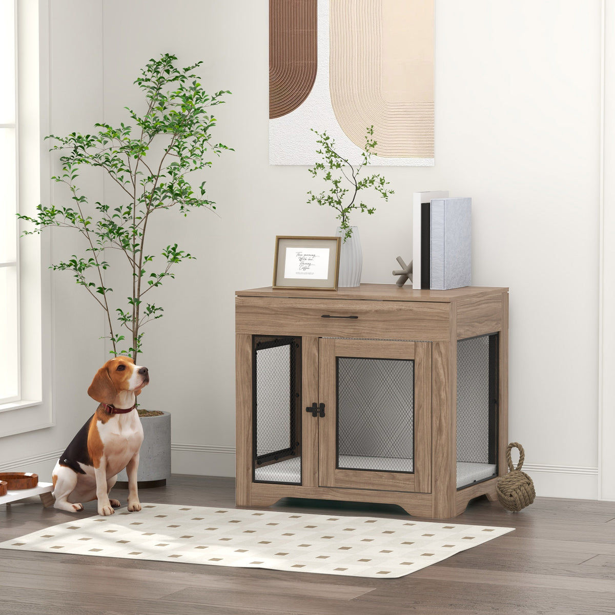 PawHut Double Door Furniture Style Dog Crate with Cushion and Drawer ...