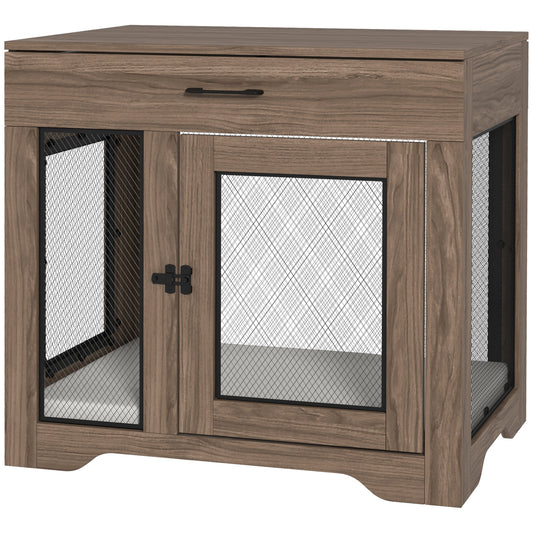 PawHut Dog Crate Furniture with Soft Water-Resistant Cushion, Dog Kennel End Table with Drawer, Puppy Crate for Small Dogs Indoor with 2 Doors, Brown