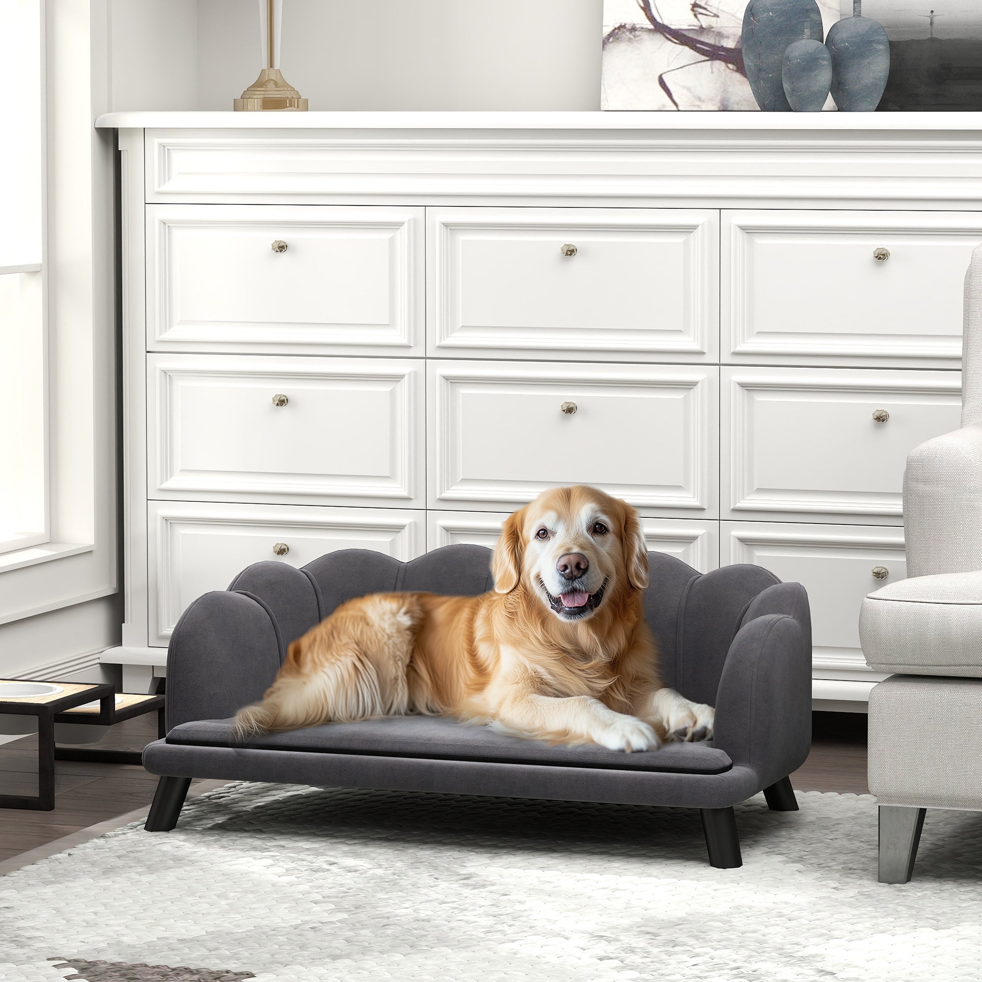 Dog Couch Pet Sofa Cat Bed with Removable Cushion Wood Legs for Medium and Large Dogs, Dark Grey