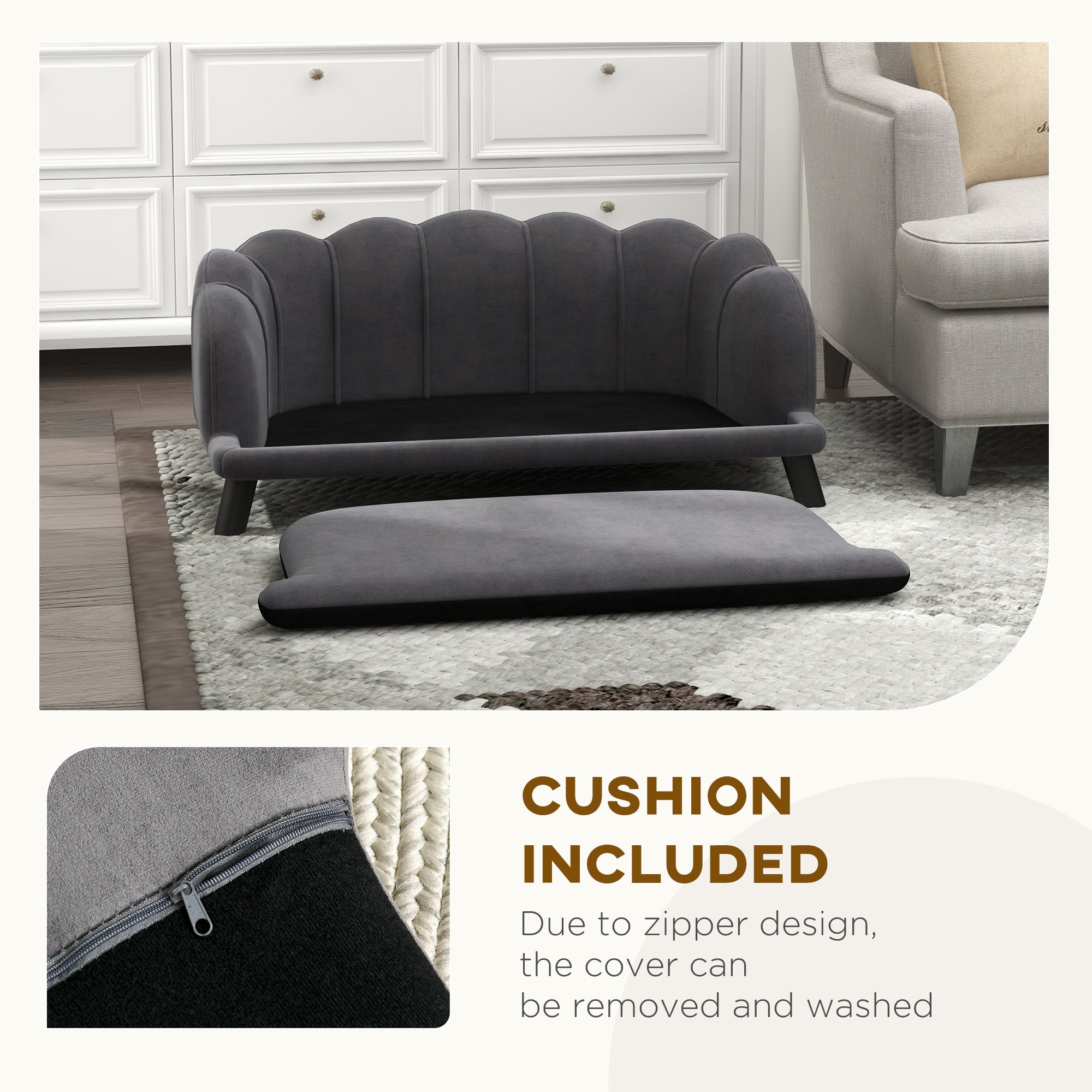 Dog Couch Pet Sofa Cat Bed with Removable Cushion Wood Legs for Medium and Large Dogs, Dark Grey