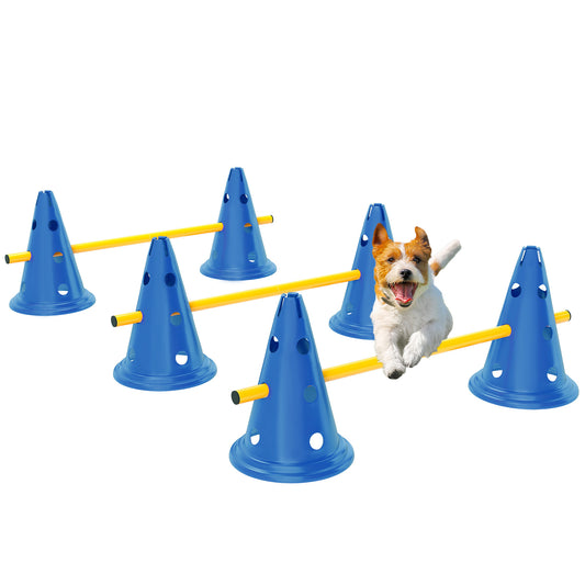 Dog Agility Equipment Set, Portable Pet Jump Training Kit for Six Cones, Six Poles with Carry Bag, Three-Piece Adjustable Height Jumping Obstacles, Blue