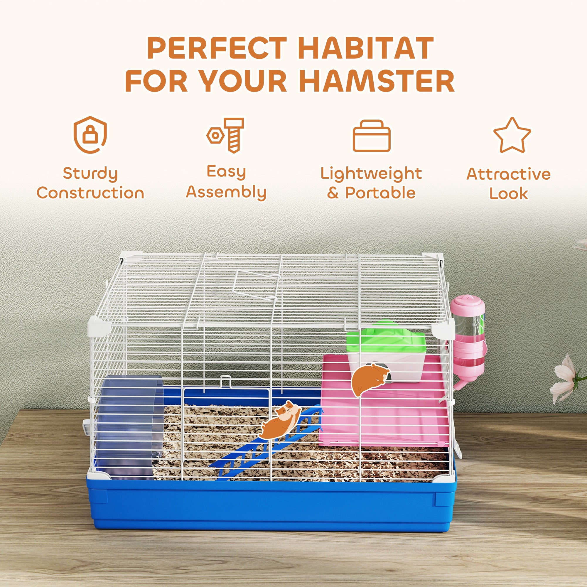 18.5" Hamster Cage with Exercise Wheel and Water Bottle Dish, Rat House and Habitats 2 Storey Design, Blue