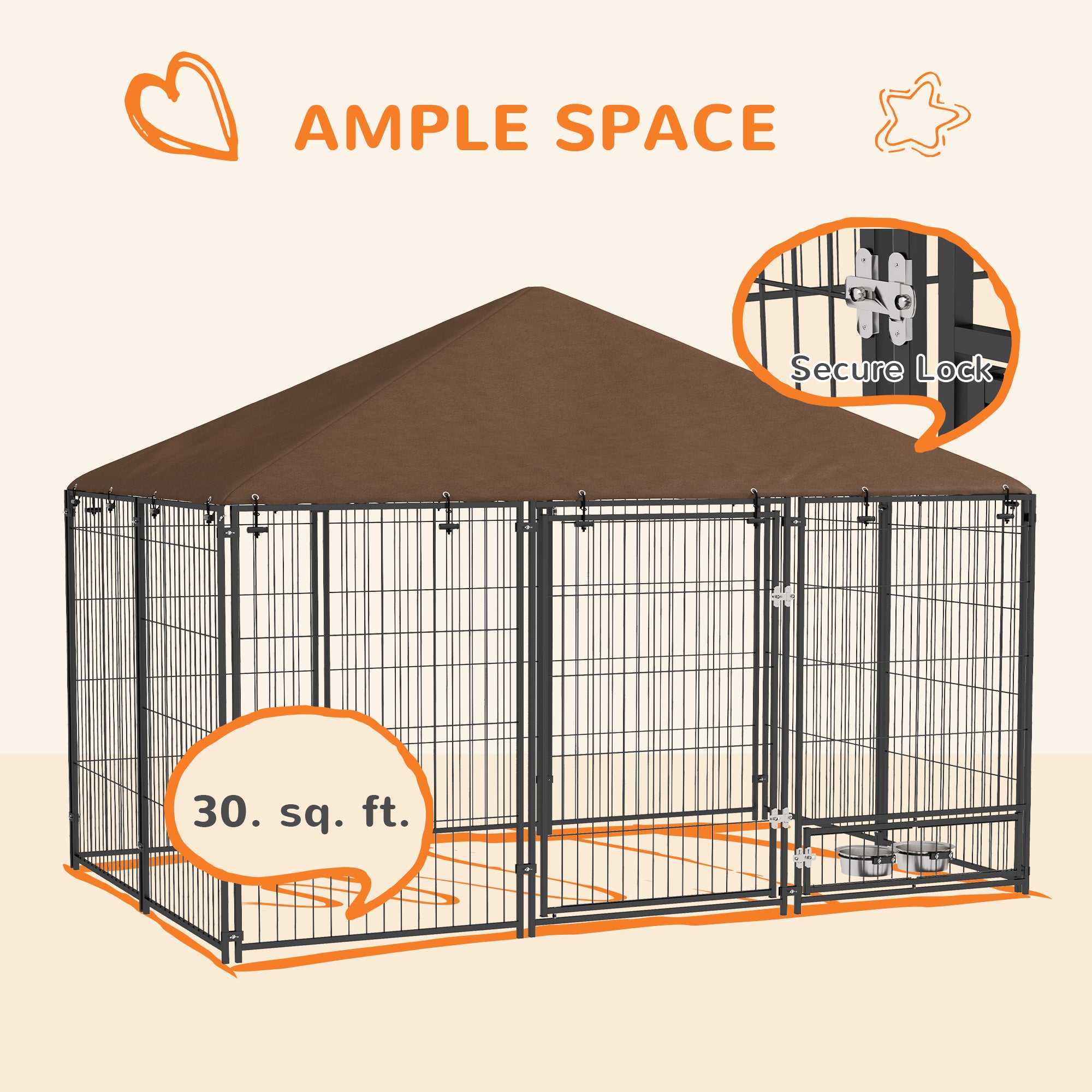 Outside Dog Kennel, 6.9' x 4.6' x 5' Puppy Play Pen with Canopy, Garden Playpen Fence Crate Enclosure Cage Rotating Bowl, for Dogs, Chickens, Ducks, Black