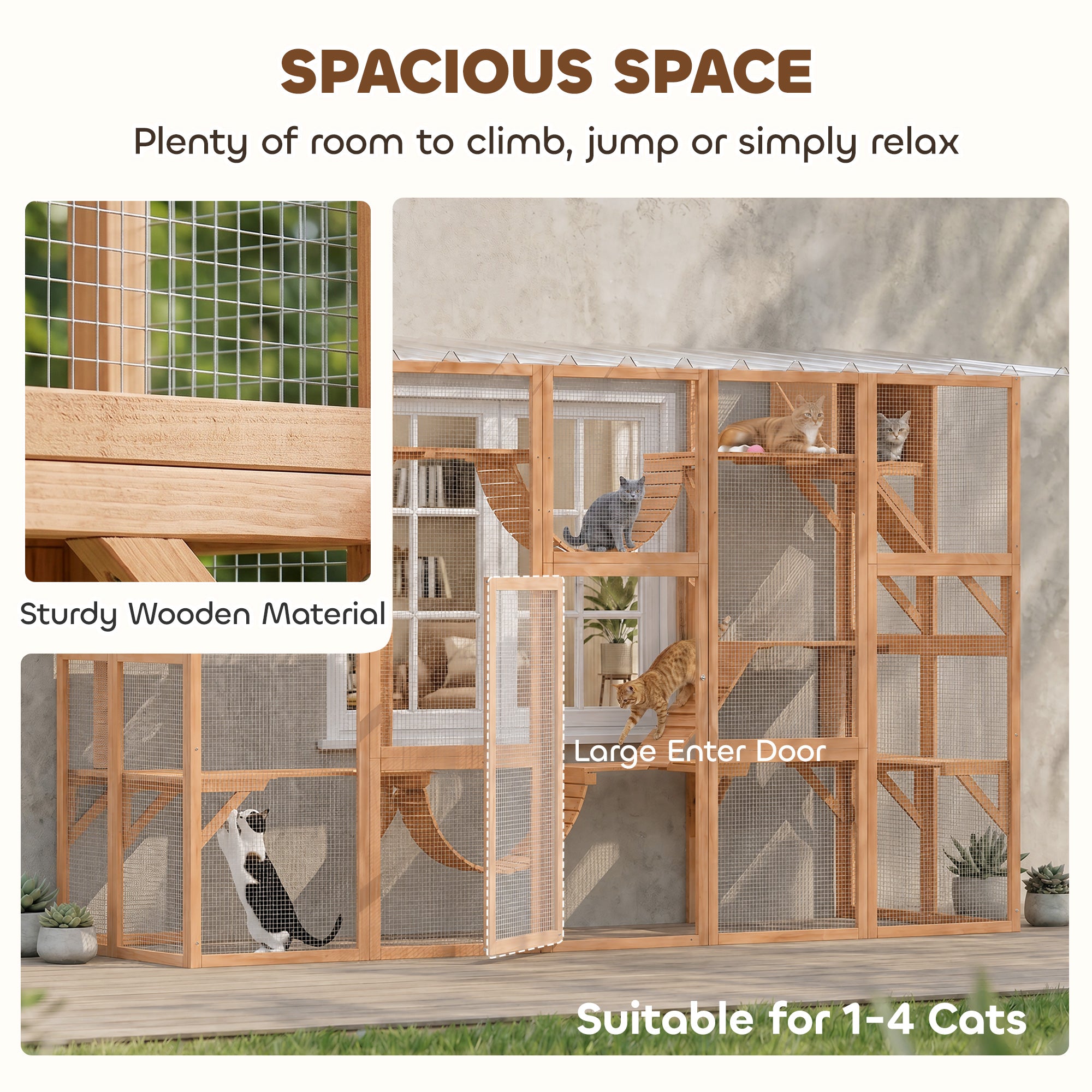 Catio Outdoor Cat Enclosure Window, Outdoor Cat House with Weather Protection Roof for 1-4 Kitties, Wooden Frame, Shelves & Bridges, 118" x 37.5" x 74", Orange