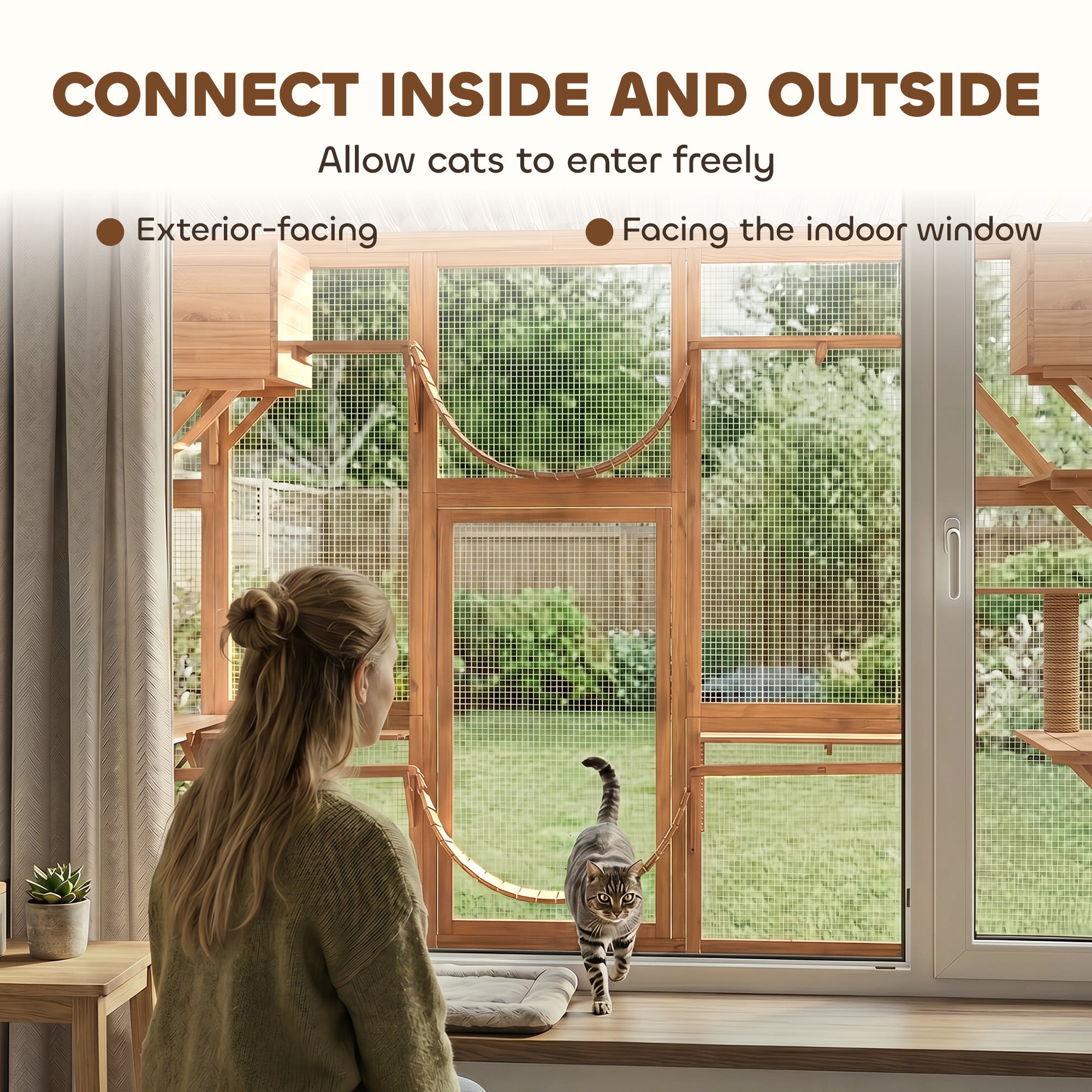 Catio Outdoor Cat Enclosure Window, Outdoor Cat House with Weather Protection Roof for 1-4 Kitties, Wooden Frame, Shelves & Bridges, 118" x 37.5" x 74", Orange