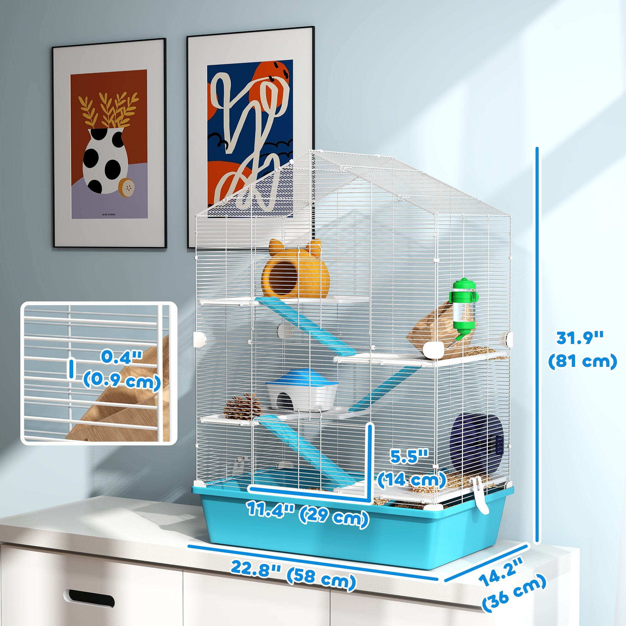 Large Hamster Cage, 5-Tier Small Animal House and Habitats for Gerbil Mice with Platforms, Food Bowl, Water Bottle, Hideout, Ramps & Exercise Wheel, Light Blue