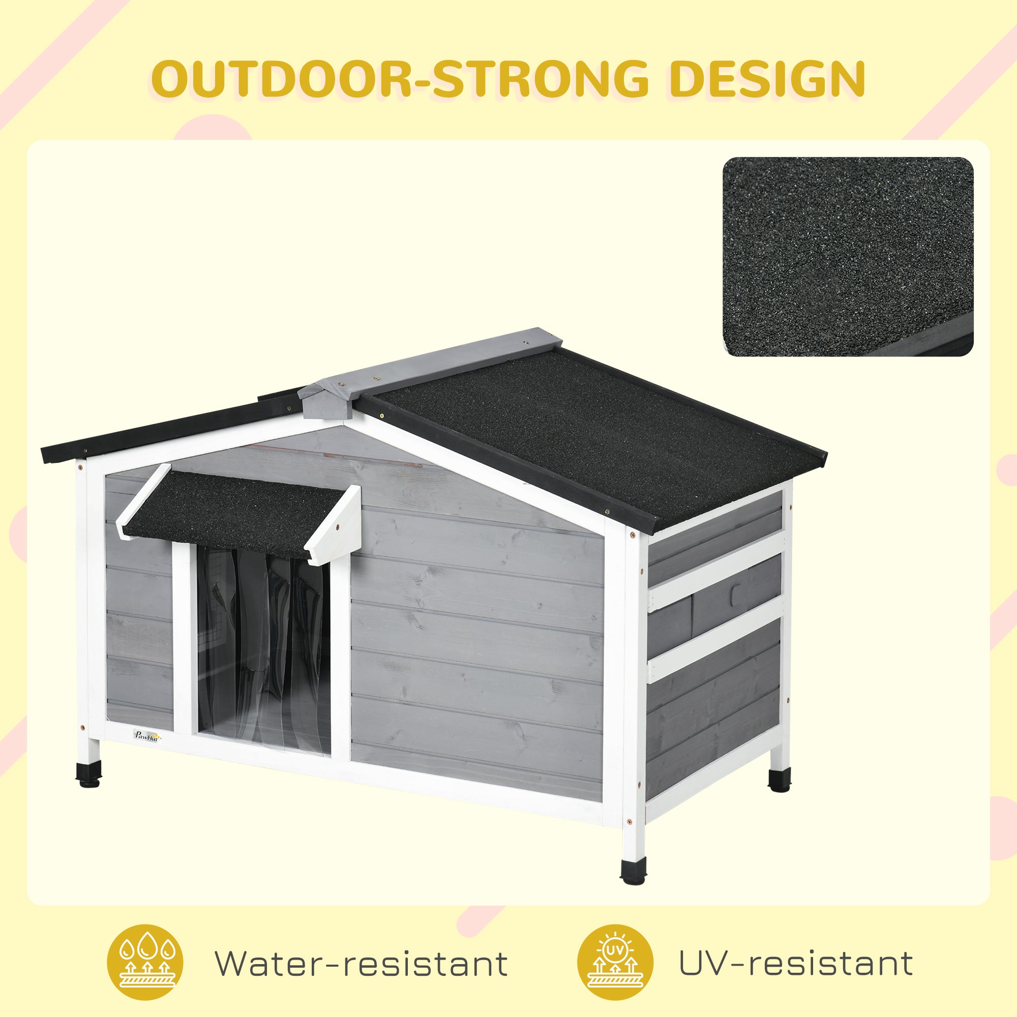 Wooden Dog Kennel Outdoor, Elevated Dog House for Outside, with Openable Top, Asphalt Roof, Windows, Curtain, Removable Tray, Adjustable Legs, 65H x 97L x 72Wcm, Grey
