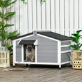 Load image into Gallery viewer, Wooden Dog Kennel Outdoor, Elevated Dog House for Outside, with Openable Top, Asphalt Roof, Windows, Curtain, Removable Tray, Adjustable Legs, 65H x 97L x 72Wcm, Grey
