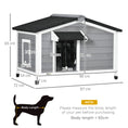 Load image into Gallery viewer, Wooden Dog Kennel Outdoor, Elevated Dog House for Outside, with Openable Top, Asphalt Roof, Windows, Curtain, Removable Tray, Adjustable Legs, 65H x 97L x 72Wcm, Grey
