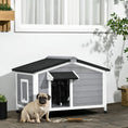 Load image into Gallery viewer, Wooden Dog Kennel Outdoor, Elevated Dog House for Outside, with Openable Top, Asphalt Roof, Windows, Curtain, Removable Tray, Adjustable Legs, 65H x 97L x 72Wcm, Grey
