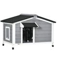 Load image into Gallery viewer, Wooden Dog Kennel Outdoor, Elevated Dog House for Outside, with Openable Top, Asphalt Roof, Windows, Curtain, Removable Tray, Adjustable Legs, 65H x 97L x 72Wcm, Grey
