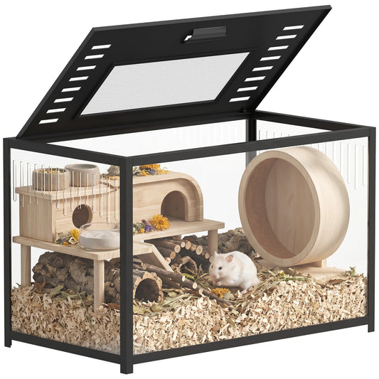 Hamster Cage, Chewproof Metal Rat Cage with Deep Base, Openable Top & Excellent Ventilation, Transparent Small Animal Habitat for Syrian Dwarf Hamster, Gerbil, 80 x 45 x 50.5 cm, Black