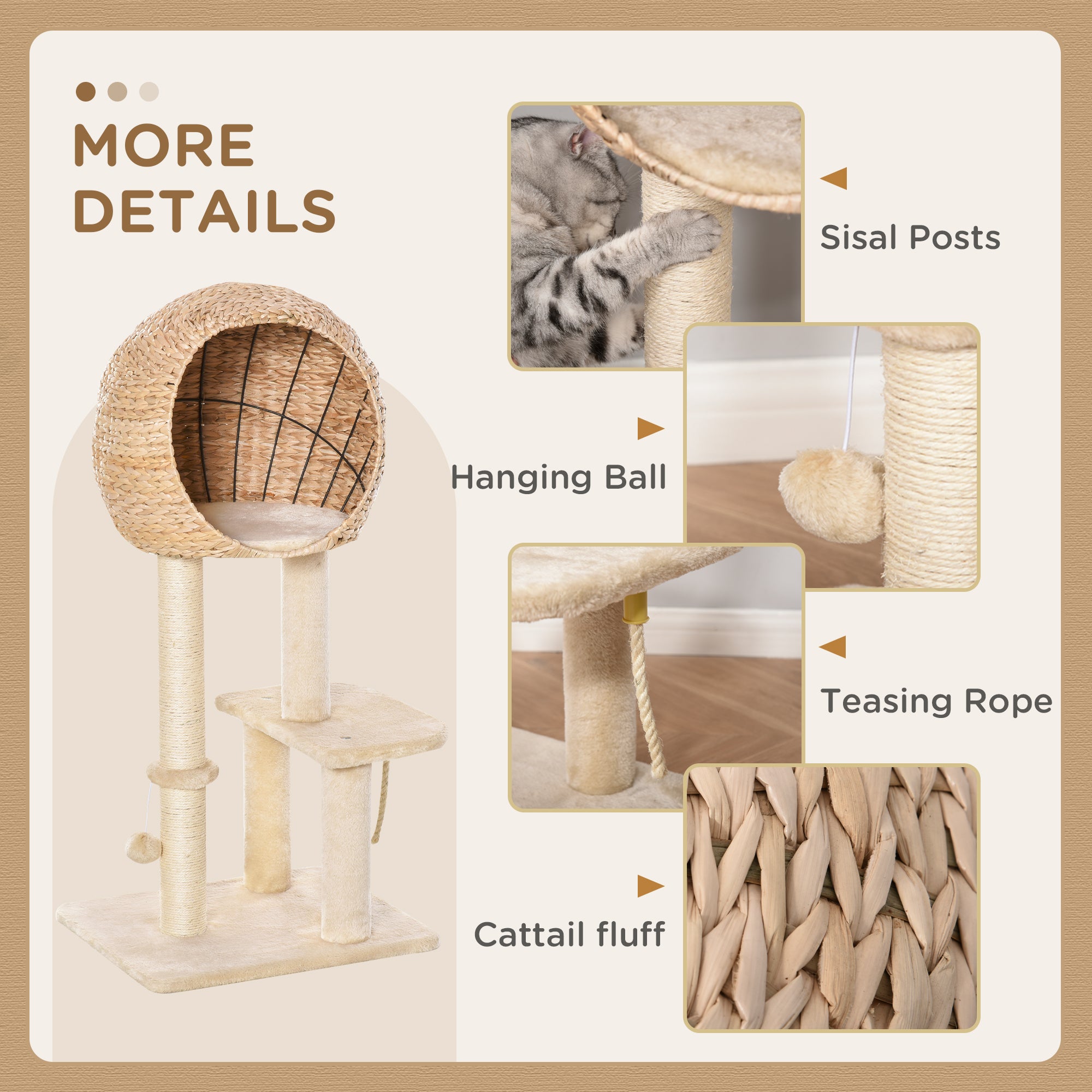 Modern Cat Tree, Multi-Level Cat Tower with Sisal Scratching Post Condo and Hanging Rope 39" H, Beige