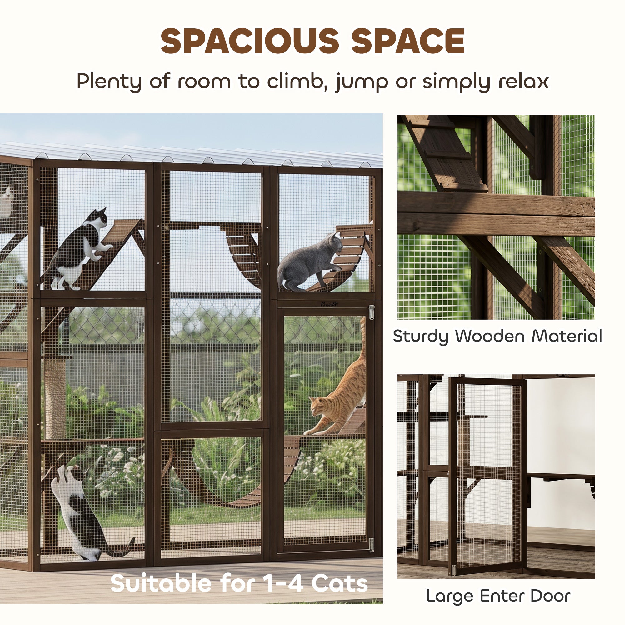 Catio Outdoor Cat Enclosure Window, Outdoor Cat House with Weather Protection Roof for 1-4 Kitties, Wooden Frame, Shelves & Bridges, 118" x 37.5" x 74", Coffee Brown