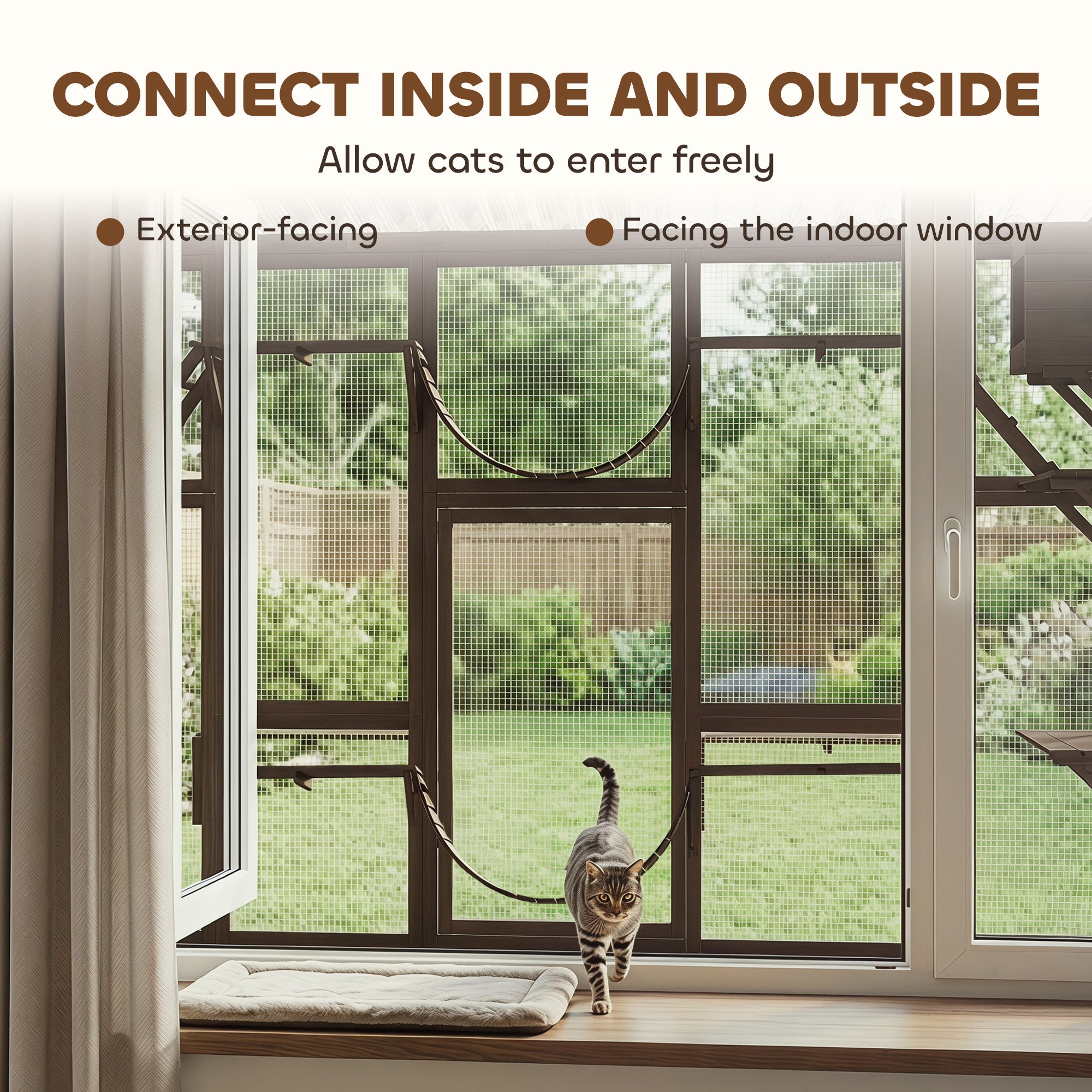 Catio Outdoor Cat Enclosure Window, Outdoor Cat House with Weather Protection Roof for 1-4 Kitties, Wooden Frame, Shelves & Bridges, 118" x 37.5" x 74", Coffee Brown