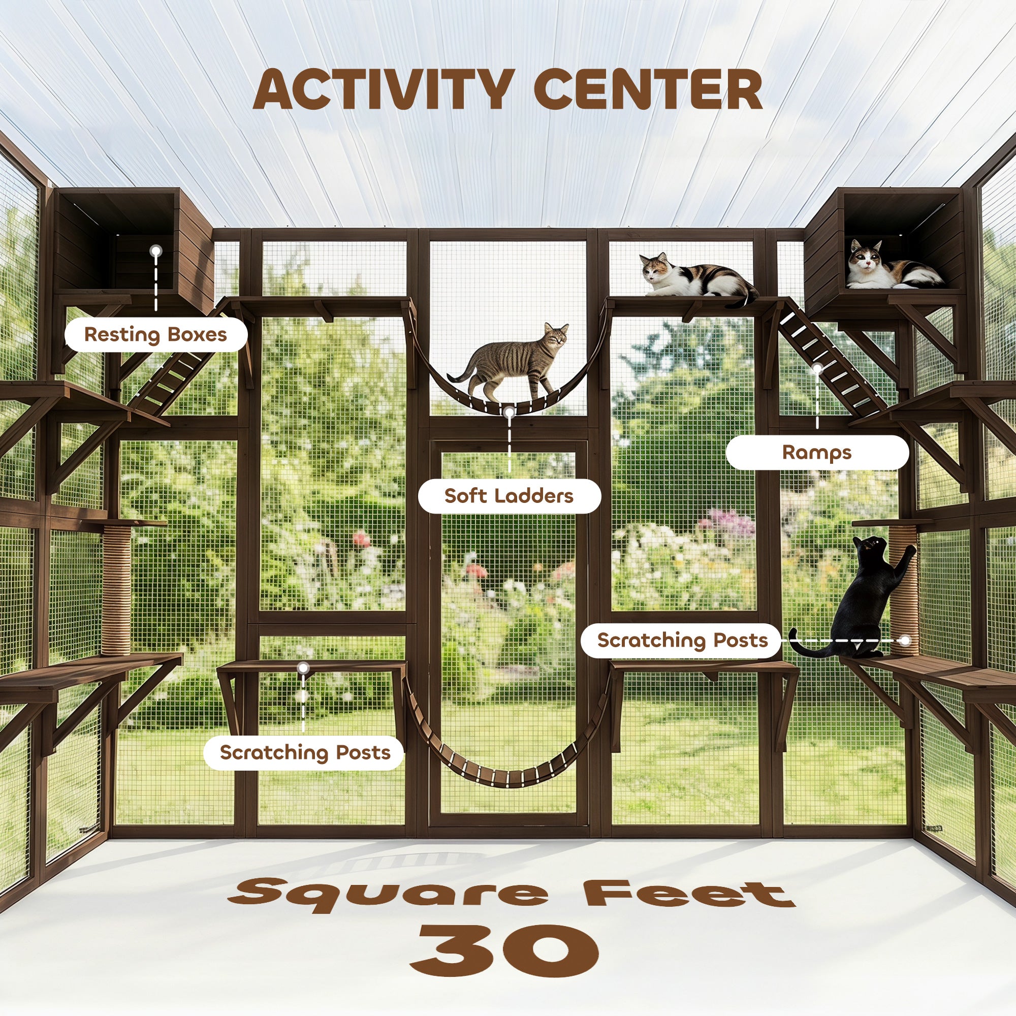 Catio Outdoor Cat Enclosure Window, Outdoor Cat House with Weather Protection Roof for 1-4 Kitties, Wooden Frame, Shelves & Bridges, 118" x 37.5" x 74", Coffee Brown