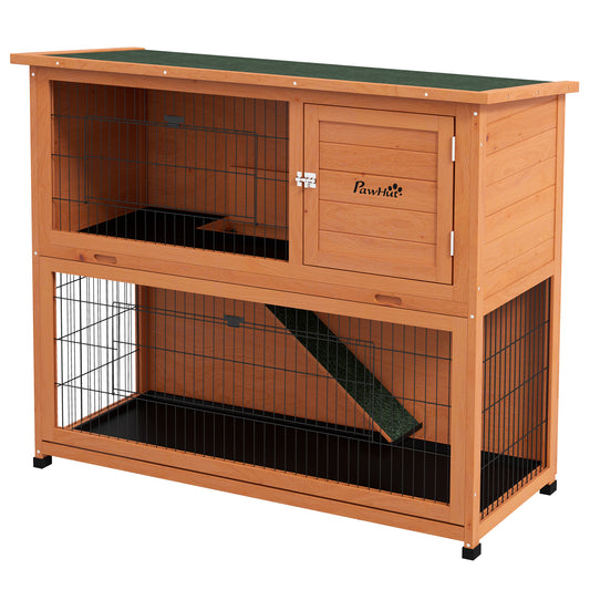 Rabbit Hutch Guinea Pig Hutch Wooden with No-Leak Tray, Asphalt Roof, Base, Antiseptic Wood Outdoor for 1-2 Rabbits 120 x 50 x 102cm - Orange