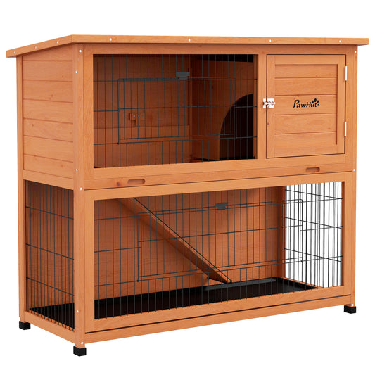 Rabbit Hutch Guinea Pig Hutch Wooden with No-Leak Tray, Asphalt Roof, Base, Antiseptic Wood Outdoor for 1-2 Rabbits 120 x 50 x 102cm - Orange