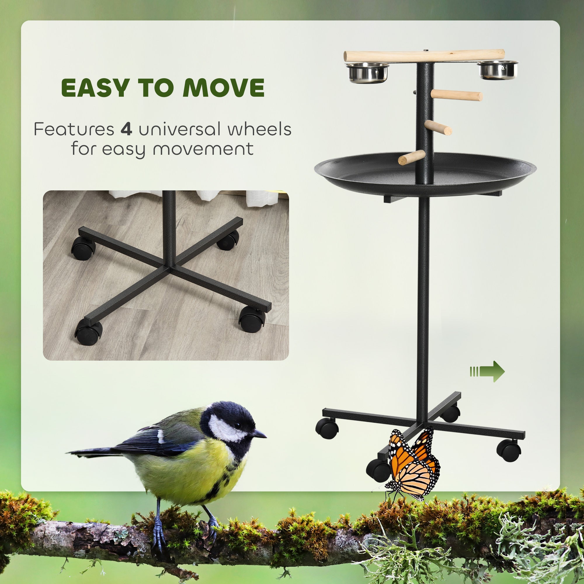 Bird Play Stand, Portable Parrot Perch, Bird Feeder Station, with Four Wheels, Stainless Steel Feeding Bowls, Round Tray, Grey