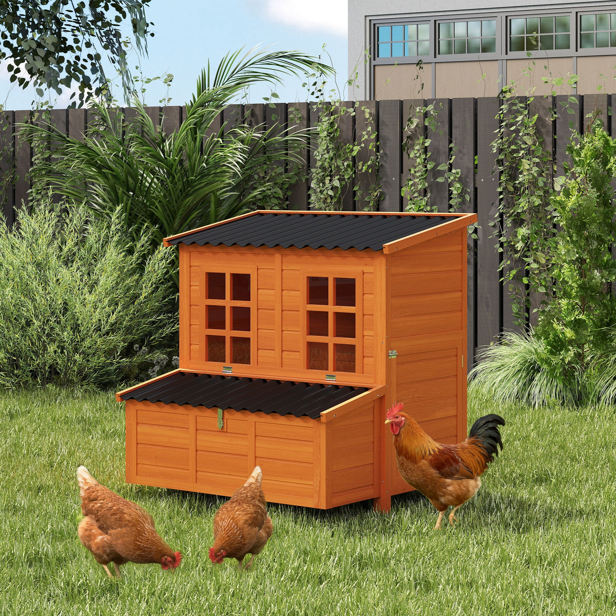 Wooden Chicken Coop, 39" Chicken House with Nesting Box, Pull-Out Tray, Waterproof Roof, Hen House Outdoor Poultry Cage for 2-4 Chickens, Rabbits, Small Animals, for Backyard, Orange