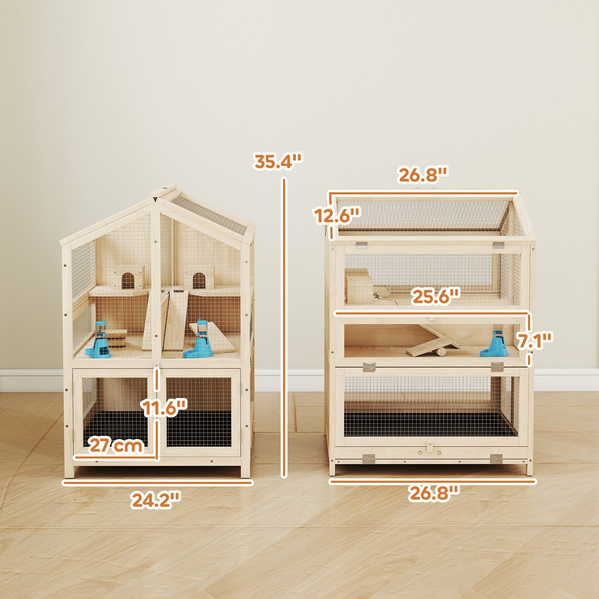 Wooden Hamster Cage, Large 3 Tier Hamster Cage w/ Pull-Out Tray, Openable Tops, Huts, Seesaws, Ramps, Water Bowls, for Small Animals, Guinea Pigs, Rats, Bunnies, Gerbils, 26.8" x 24.2" x 35.4"