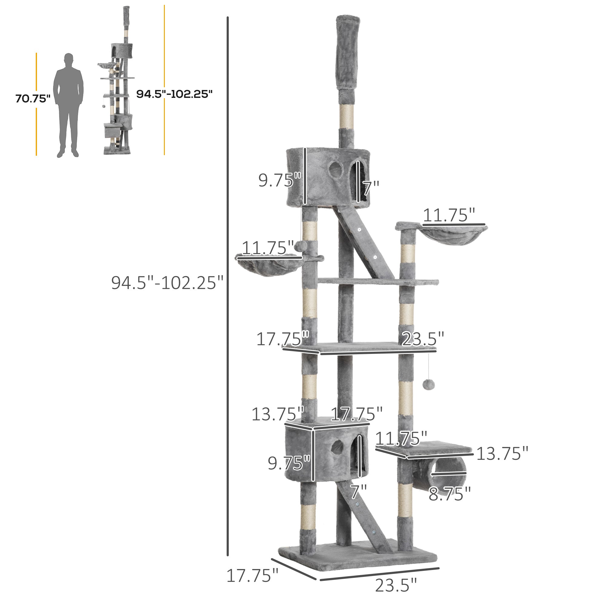  Floor to Ceiling Cat Tree, 94.5-102.5 inch Adjustable Height Cat Climbing Tower with Scratching Posts, Condos, Hammocks, Tubes, Ladders, Platforms, Dangling Balls for Indoor Kittens, Light Gray