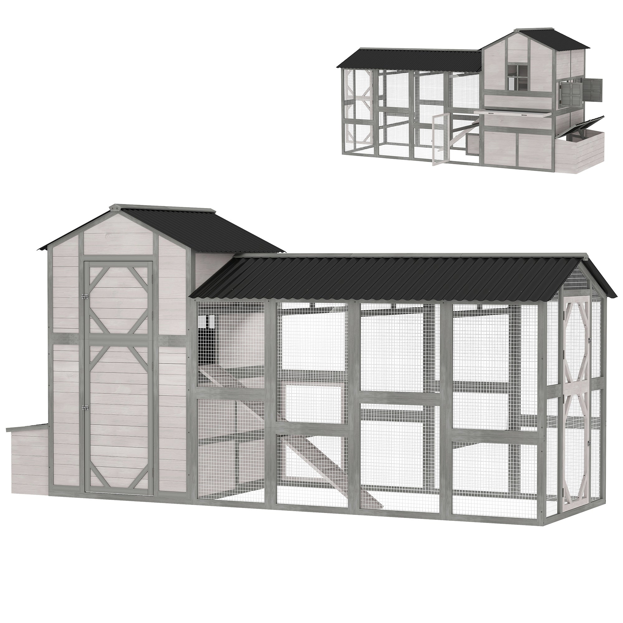 147" Extra Large Chicken Coop, Wooden Hen House for 8-10 Hens, Outdoor Chicken House Poultry Hutch with Run, Pull-Out Tray, Nesting Box, Ventilated Windows, Ramp for Rabbit Duck, Gray