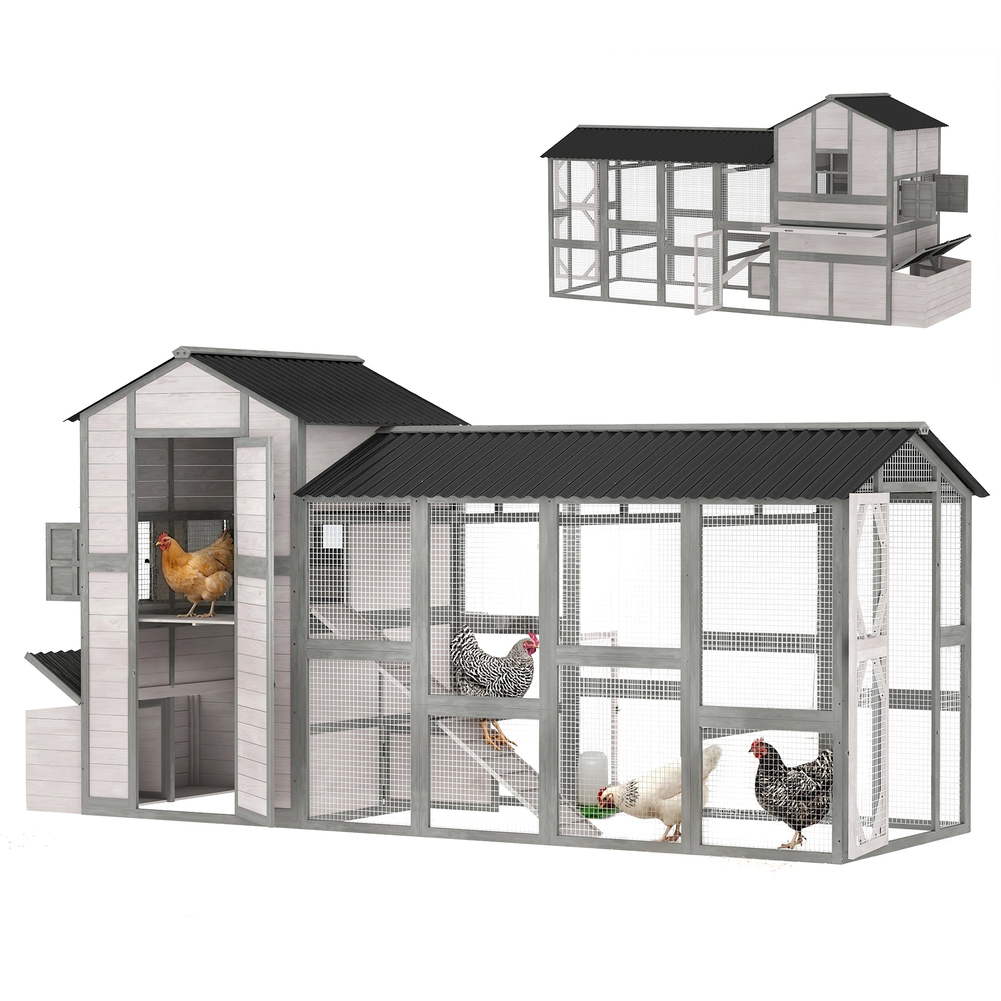 147" Extra Large Chicken Coop, Wooden Hen House for 8-10 Hens, Outdoor Chicken House Poultry Hutch with Run, Pull-Out Tray, Nesting Box, Ventilated Windows, Ramp for Rabbit Duck, Gray
