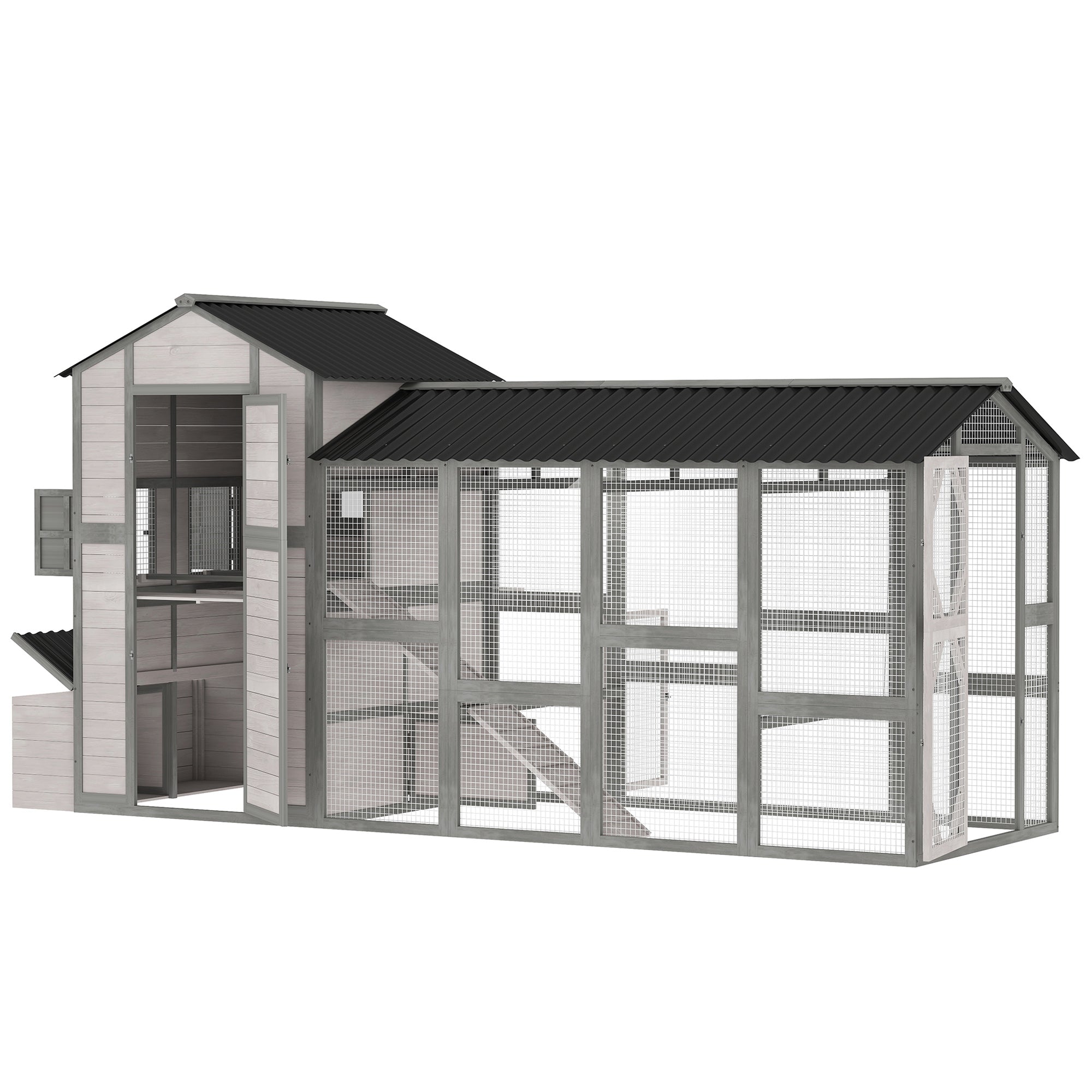 147" Extra Large Chicken Coop, Wooden Hen House for 8-10 Hens, Outdoor Chicken House Poultry Hutch with Run, Pull-Out Tray, Nesting Box, Ventilated Windows, Ramp for Rabbit Duck, Gray