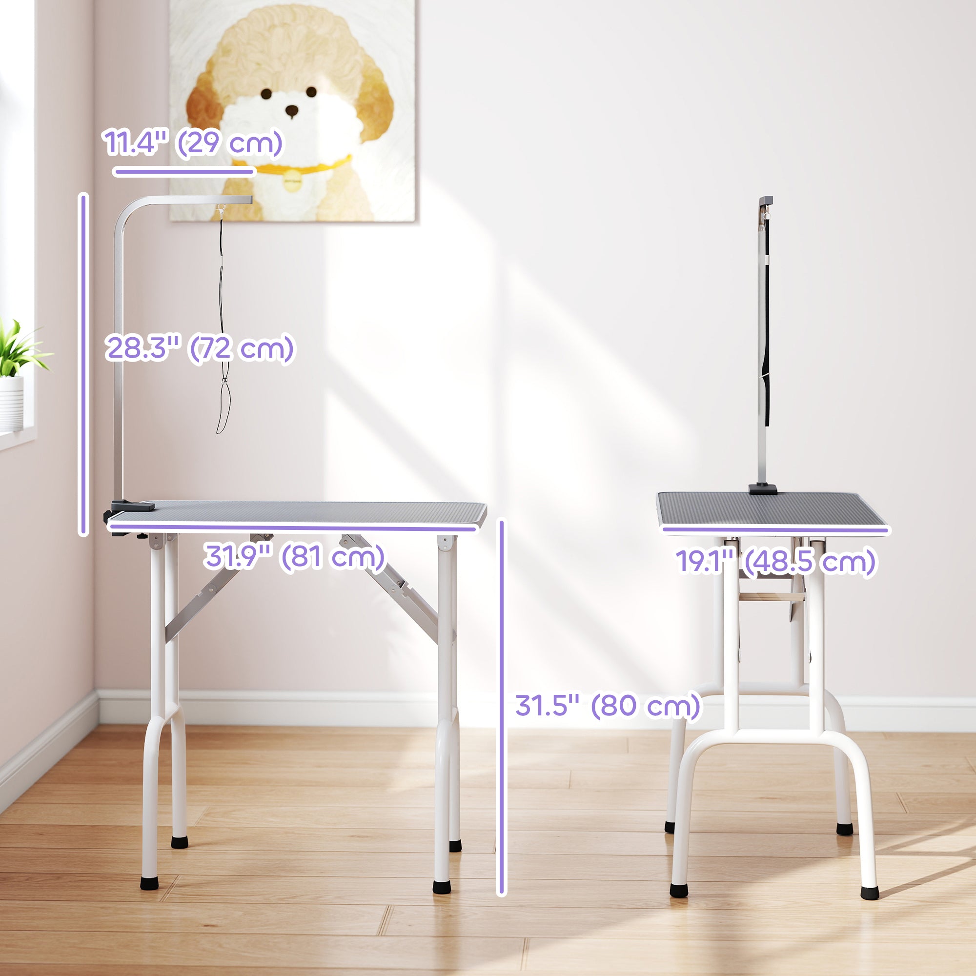 32in Foldable Dog Grooming Table for Small Medium Dogs, Pet Grooming Table for Cats Puppies with Adjustable Arm, Noose and Non-Slip Surface, Grey