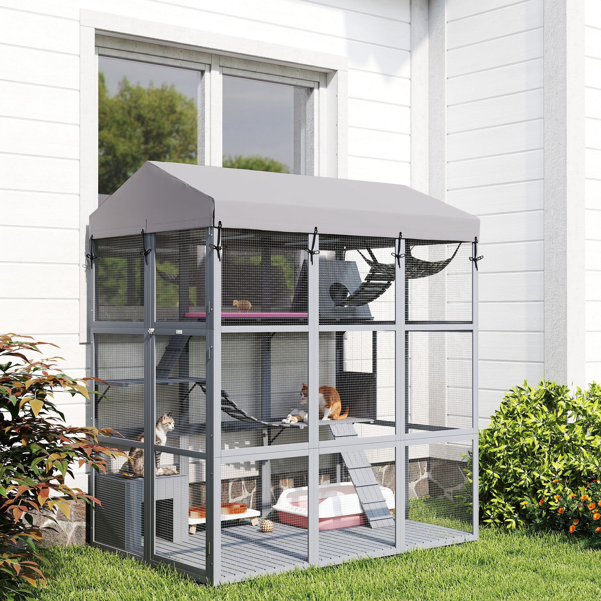 Large Cat House with Anti-Escape Floor, 81" H Wooden Catio Outdoor Cat Enclosure with Waterproof Cover, Walk in Door, Condo, Hammock, Ramp, Bridge, for 2-4 Cats