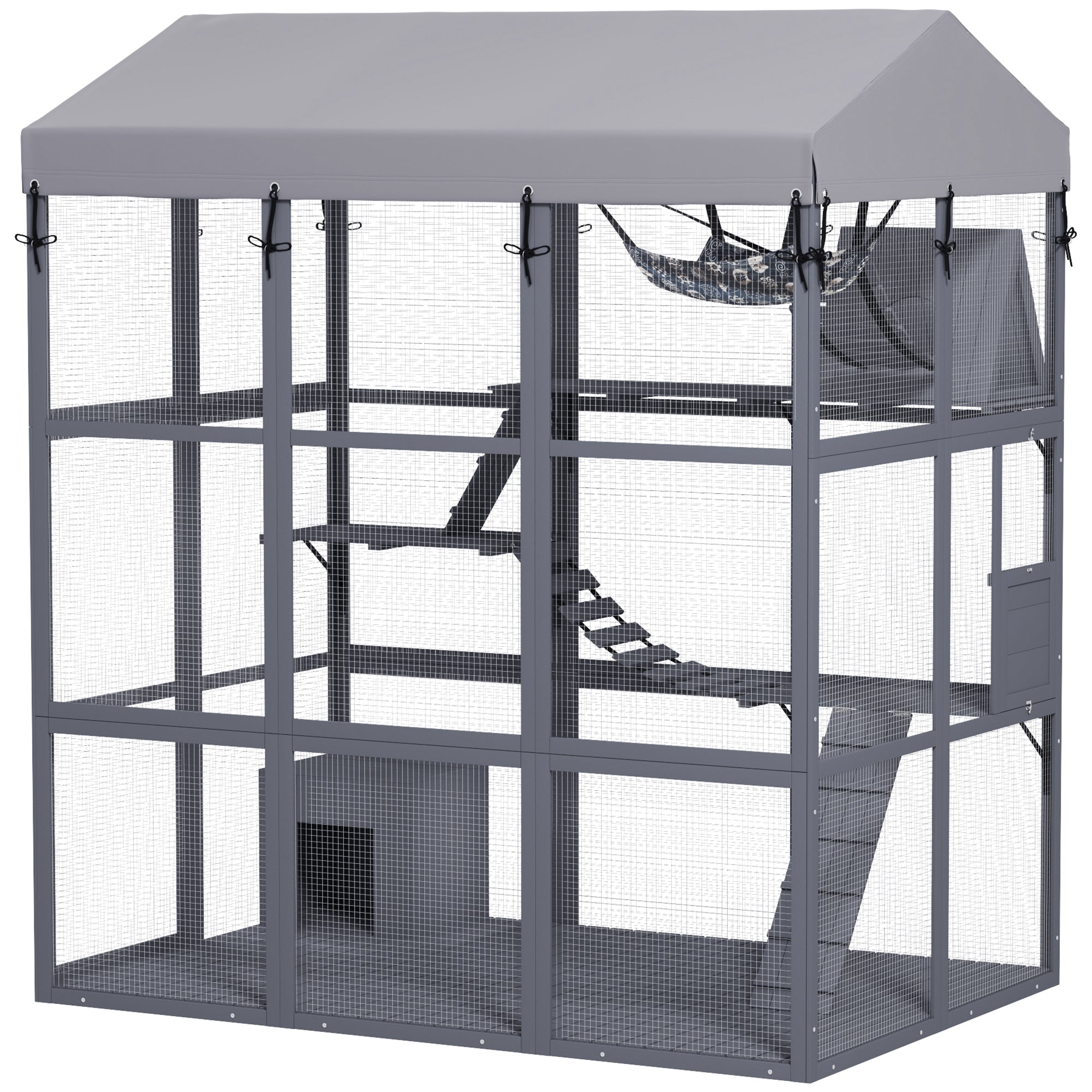Large Cat House with Anti-Escape Floor, 81" H Wooden Catio Outdoor Cat Enclosure with Waterproof Cover, Walk in Door, Condo, Hammock, Ramp, Bridge, for 2-4 Cats