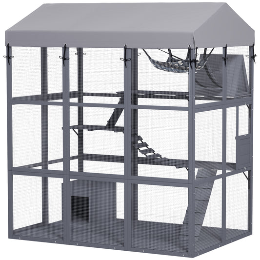 Large Cat House with Anti-Escape Floor, 81" H Wooden Catio Outdoor Cat Enclosure with Waterproof Cover, Walk in Door, Condo, Hammock, Ramp, Bridge, for 2-4 Cats