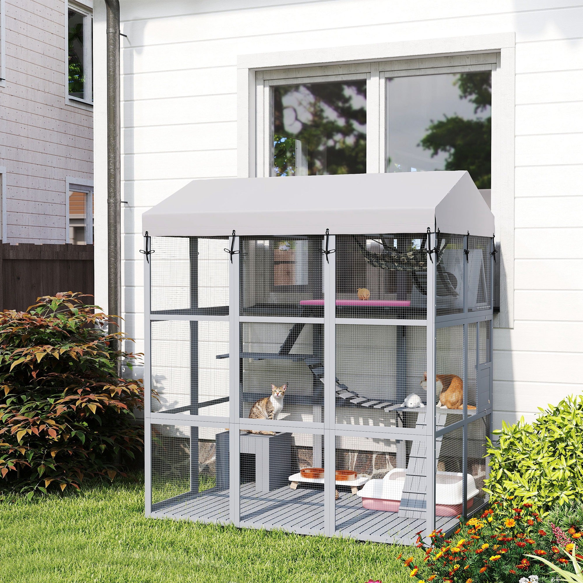 Large Cat House with Anti-Escape Floor, 81" H Wooden Catio Outdoor Cat Enclosure with Waterproof Cover, Walk in Door, Condo, Hammock, Ramp, Bridge, for 2-4 Cats
